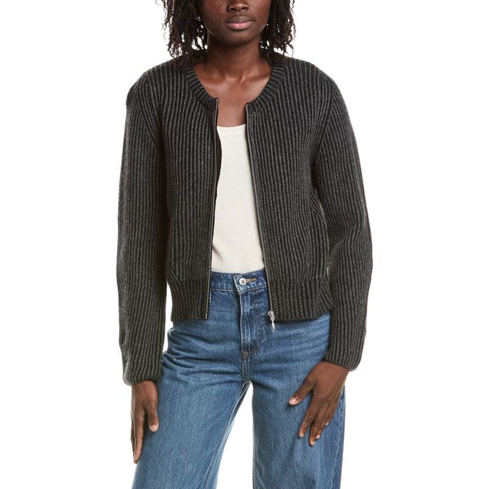 &Isla Womens  Juno Plaited Rib Zip 100% Cashmere Bomber Jacket, Black